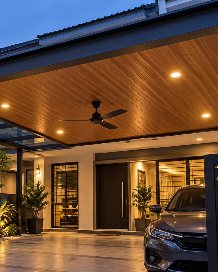 Illustration of a wood-grain aluminium ceiling roof over a car porch at dusk, with downlights and a ceiling fan set into the soffit and a glazed bay along its outer edge.