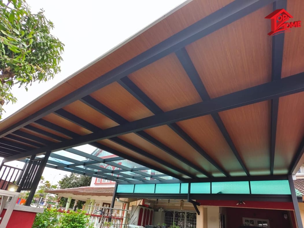 A car-porch canopy seen from underneath, with solid wood-grain panels and tinted glass panels alternating between black steel rafters.